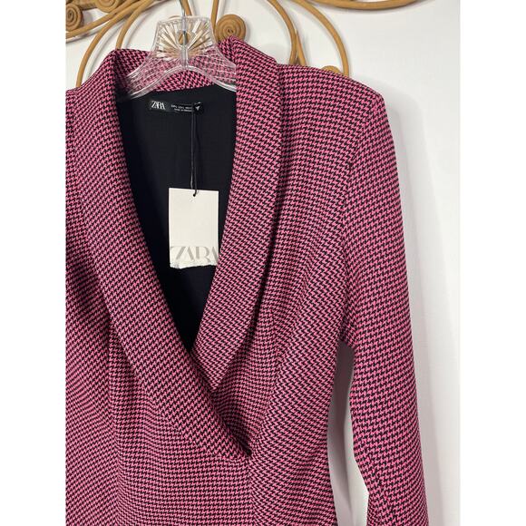 NEW ZARA HOUNDSTOOTH BLAZER DRESS Neon Pink L - Picture 3 of 10